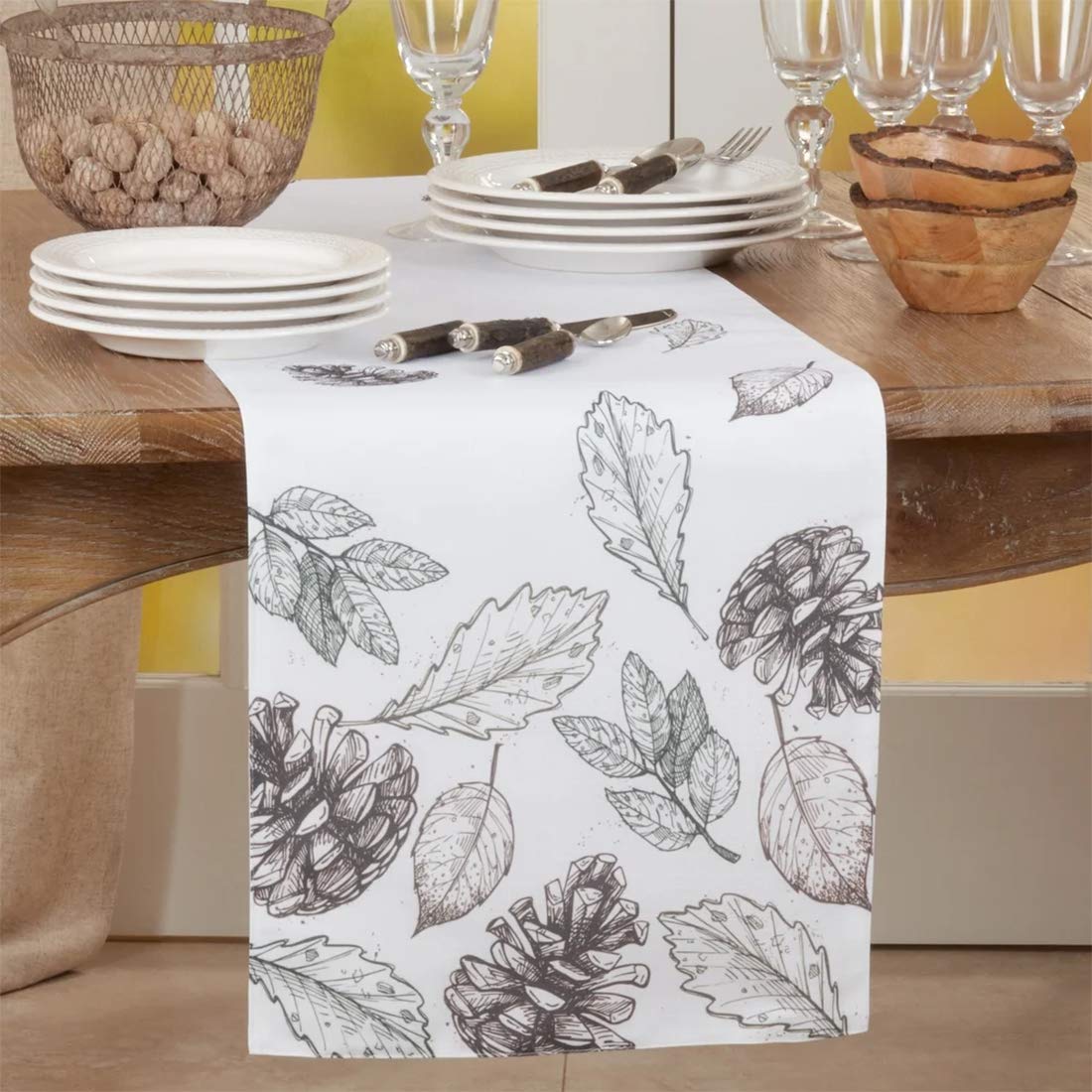 Fennco Styles Delicate Fall Leaf Pinecone Decorative Table Runner 16" W x 70" L - White Autumn Table Cover for Dining Table, Banquets, Special Events and Home Décor