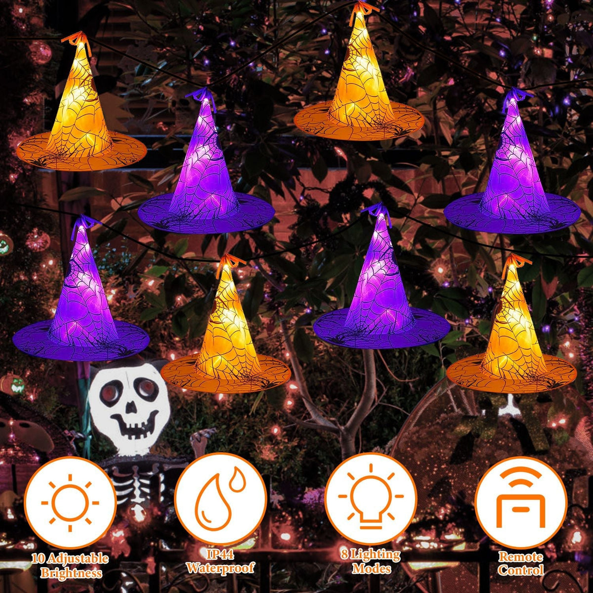 8 Pack 13FT Witch Hat Hanging String LED Light Halloween Decoration Battery Powered Remote Control 8 Lighting Modes Glowing Outdoor Indoor Halloween P