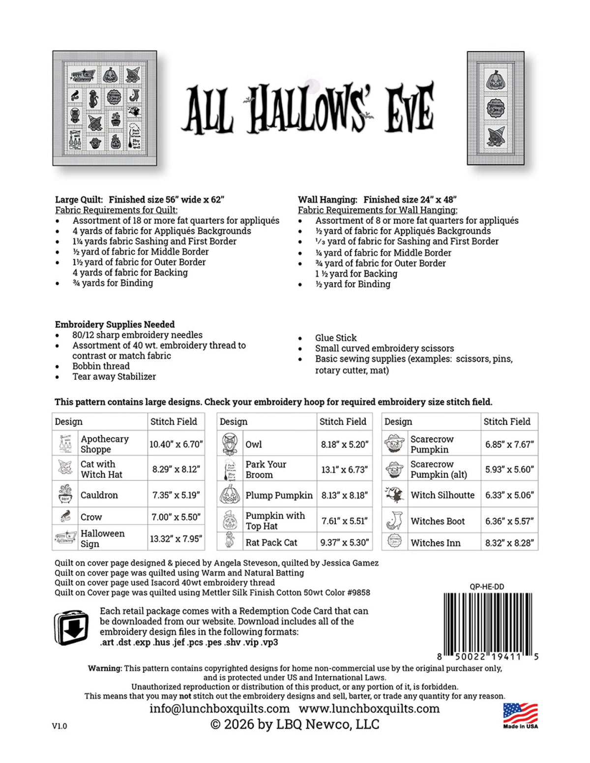 All Hallow's Eve Applique Machine Embroidery Quilt Pattern