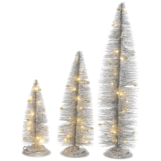 Lighted Holiday Bottle Brush Trees - Silver Set of 3
